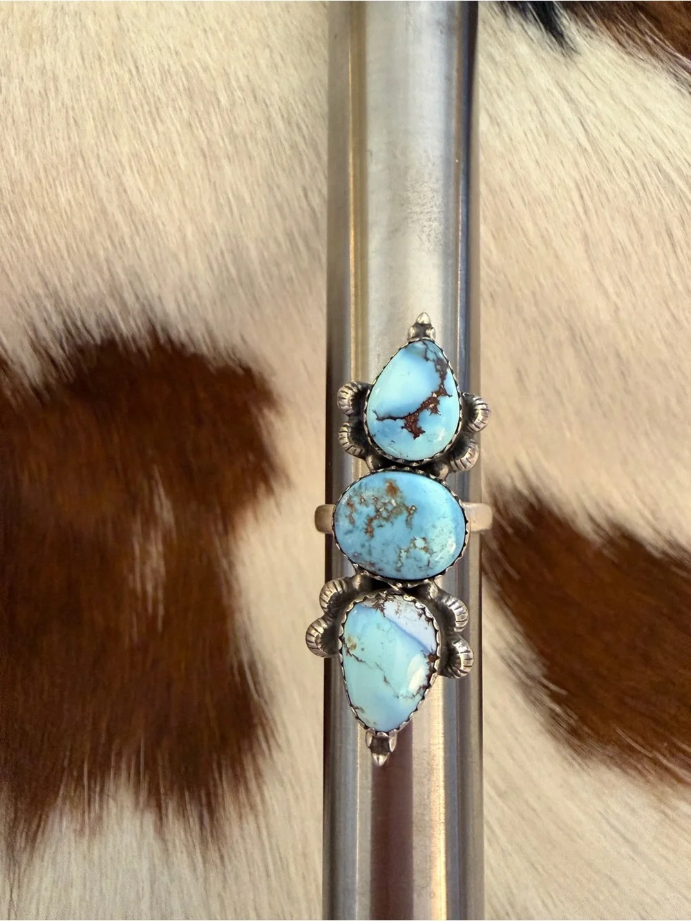 ❤️ Golden Hills 3 Stone Turquoise Sterling Silver Navajo Style Ring Adjustable - Picture 7 of 16